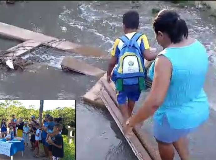 Criança enfrentando perigo ao atravessar córrego e moradores protestando contra obras paradas na ponte entre Aeroporto Velho e Ayrton Sena: assista os vídeos 